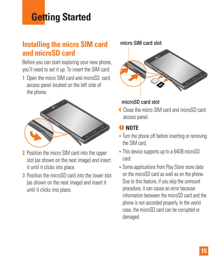 Getting started, Installing the micro sim card, Installing the micro sim card and microsd card | LG LGE970 User Manual | Page 15 / 117