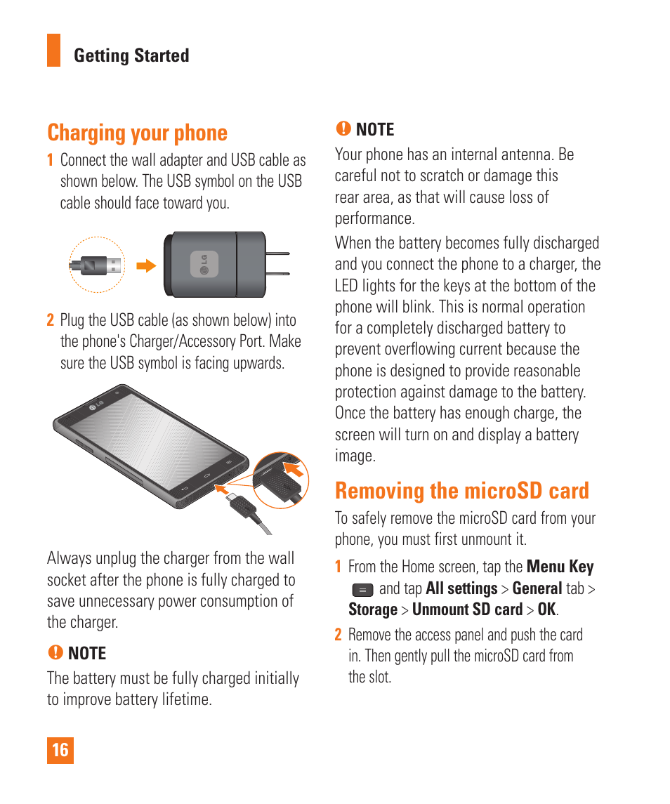 Charging your phone, Removing the microsd card, Charging your phone removing the microsd card | LG LGE970 User Manual | Page 16 / 117