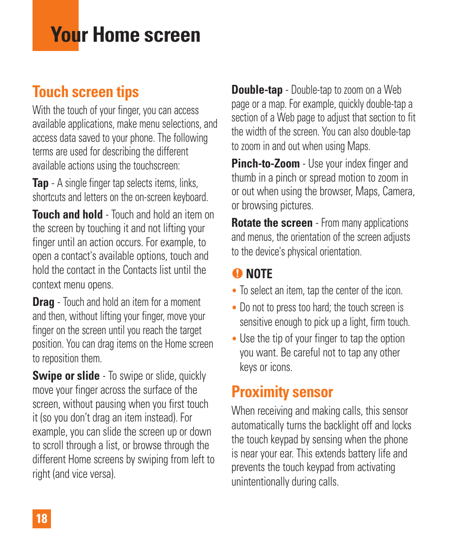 Your home screen, Touch screen tips, Proximity sensor | LG LGE970 User Manual | Page 18 / 117