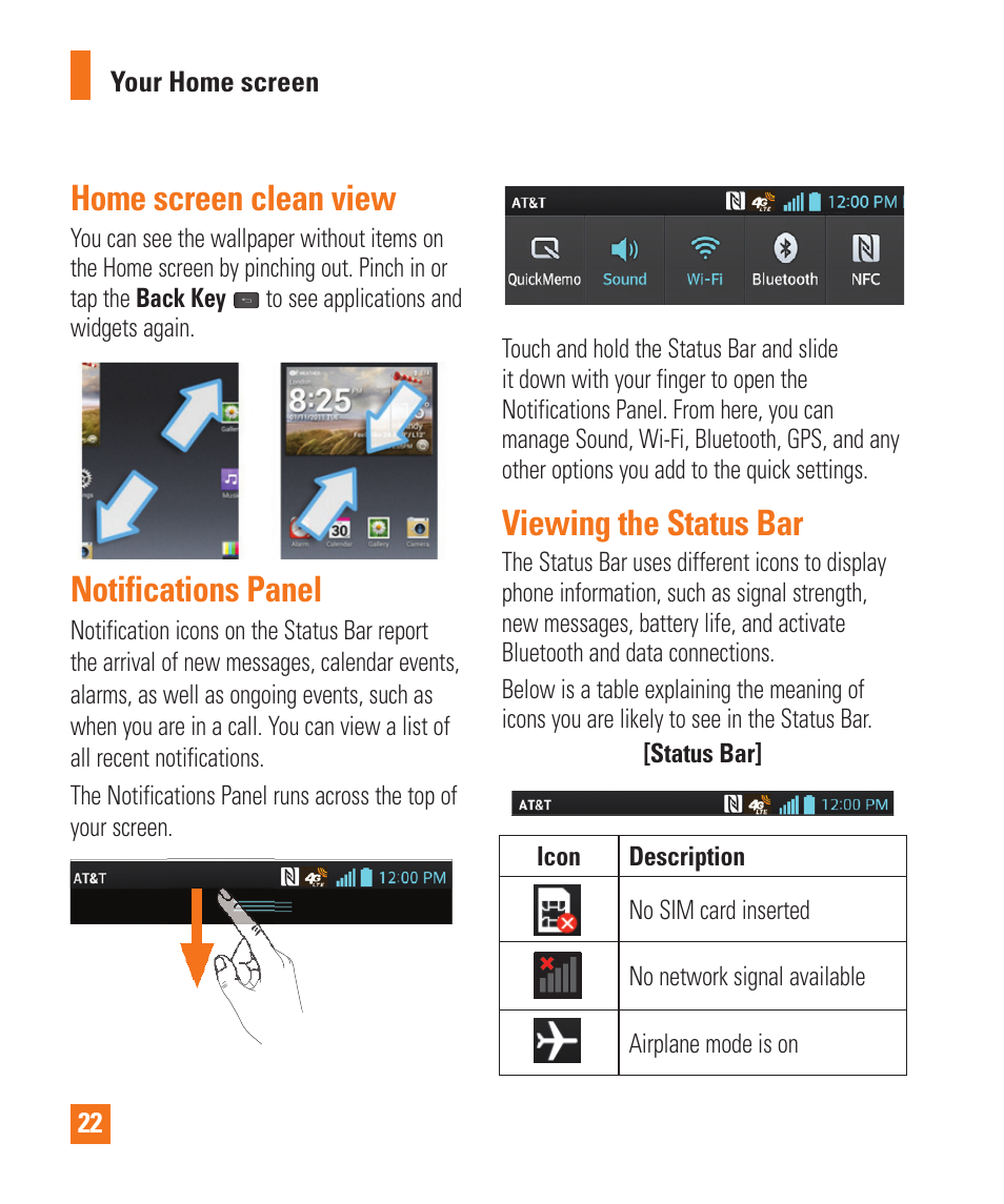 Home screen clean view, Notifications panel, Viewing the status bar | LG LGE970 User Manual | Page 22 / 117