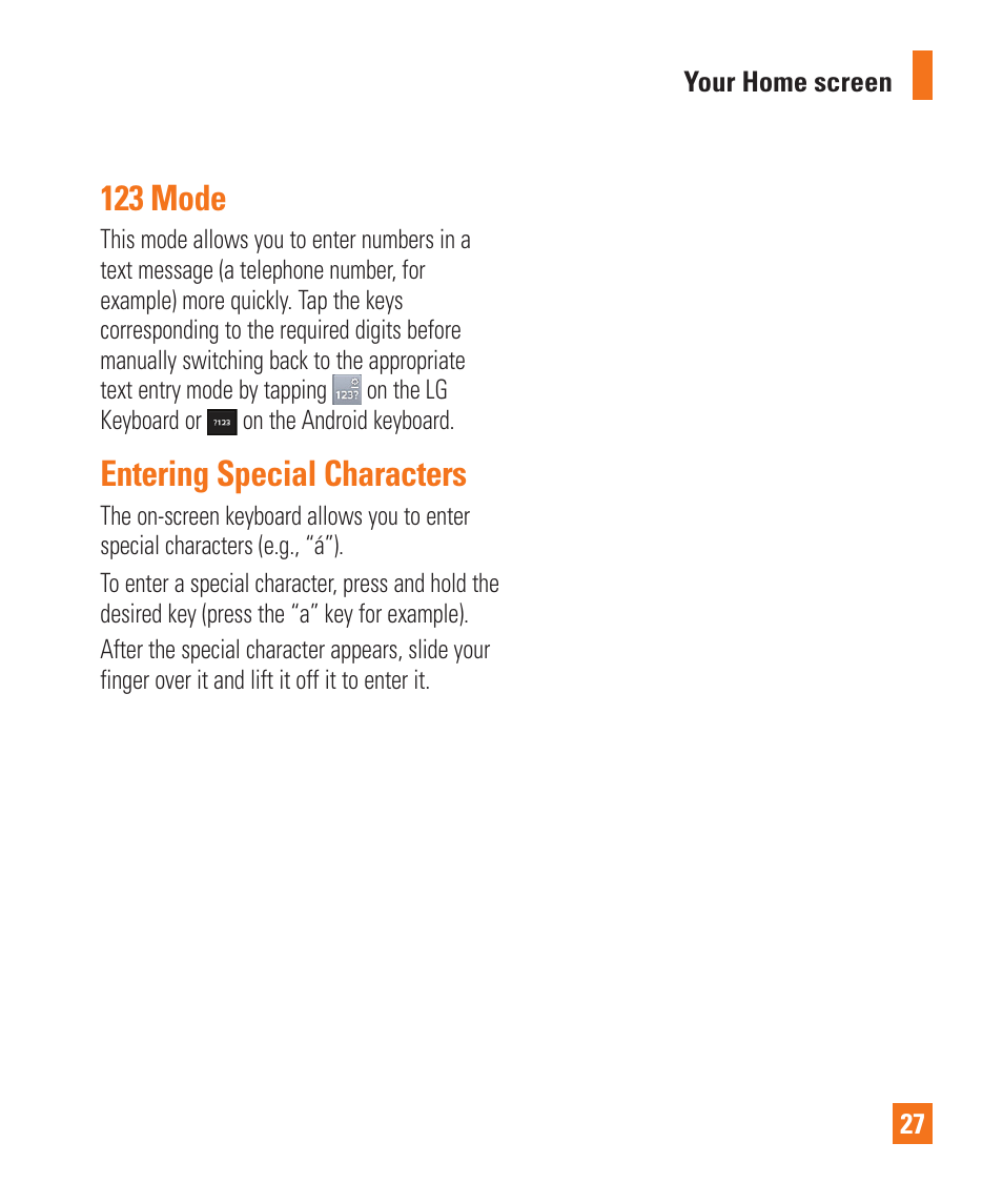 123 mode, Entering special characters, 123 mode entering special characters | LG LGE970 User Manual | Page 27 / 117