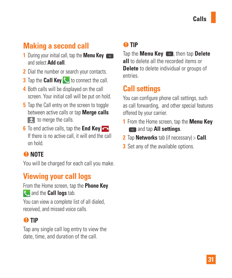 Making a second call, Viewing your call logs, Call settings | LG LGE970 User Manual | Page 31 / 117