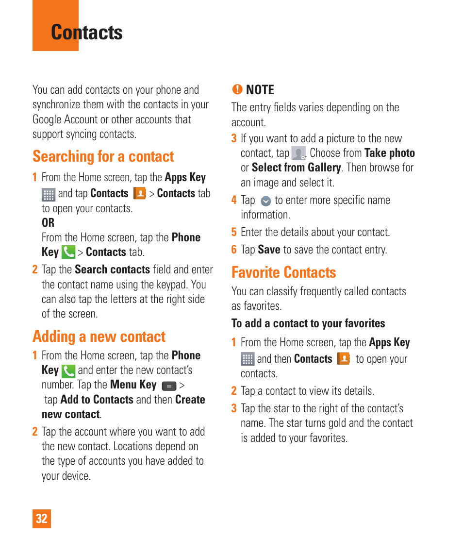 Contacts, Searching for a contact, Adding a new contact | Favorite contacts | LG LGE970 User Manual | Page 32 / 117