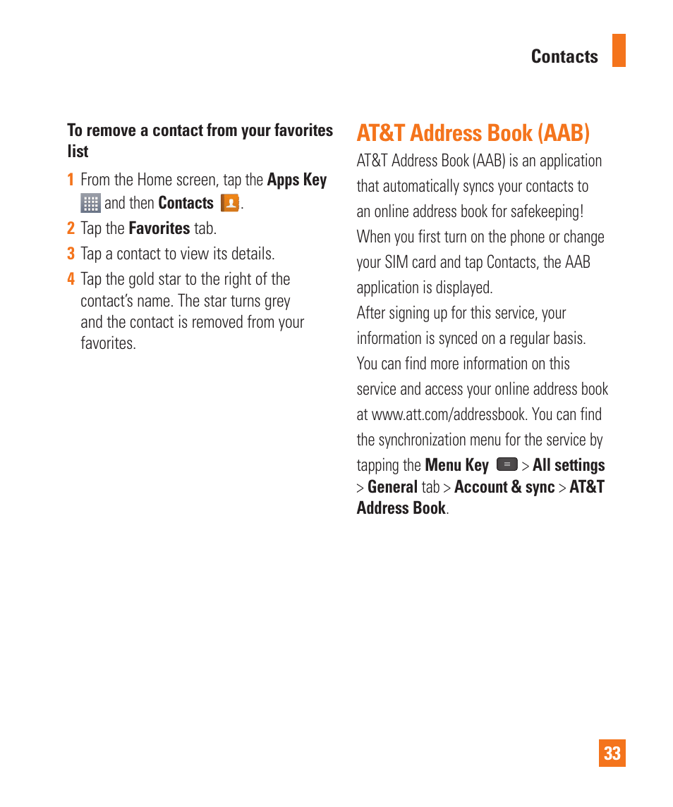 At&t address book (aab) | LG LGE970 User Manual | Page 33 / 117