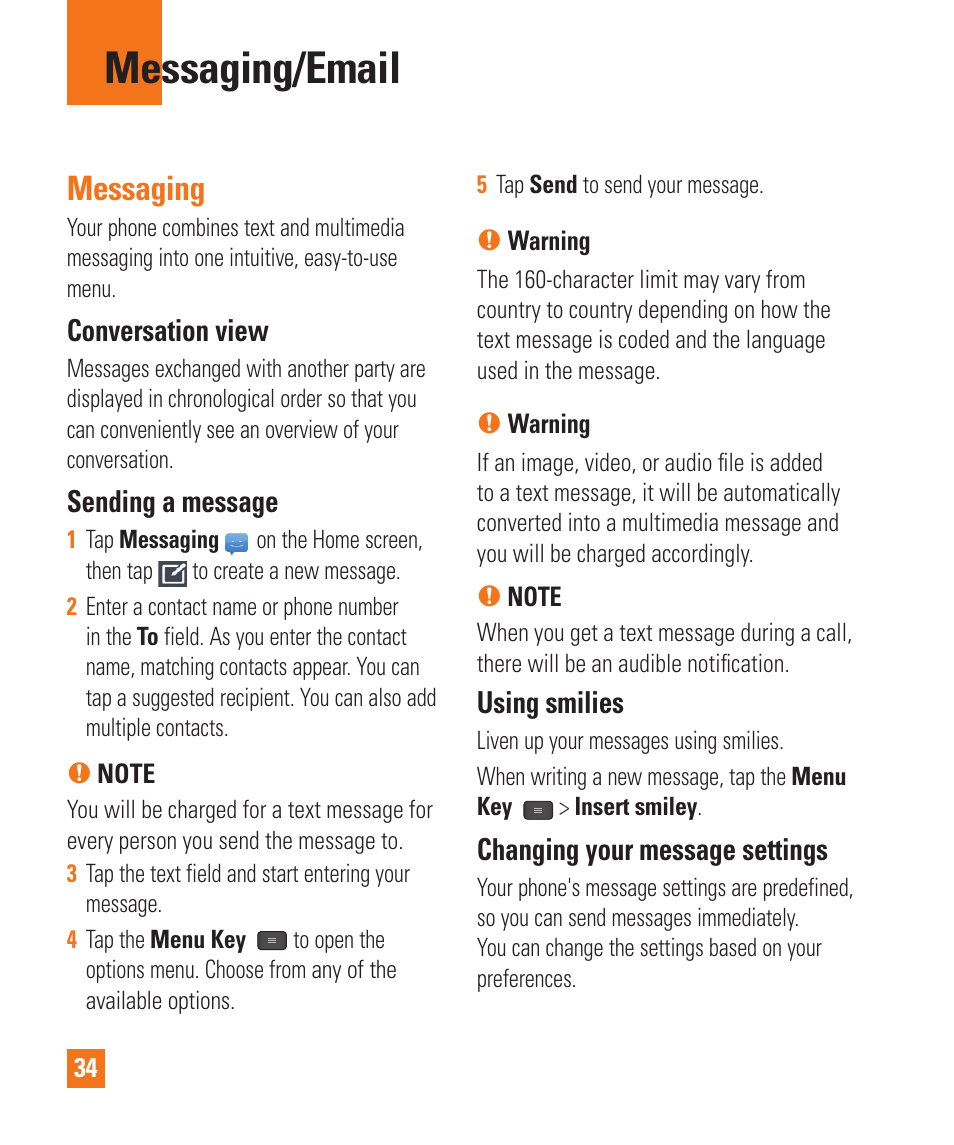 Messaging/email, Messaging, Messaging/email messaging | Conversation view, Sending a message, Using smilies, Changing your message settings | LG LGE970 User Manual | Page 34 / 117