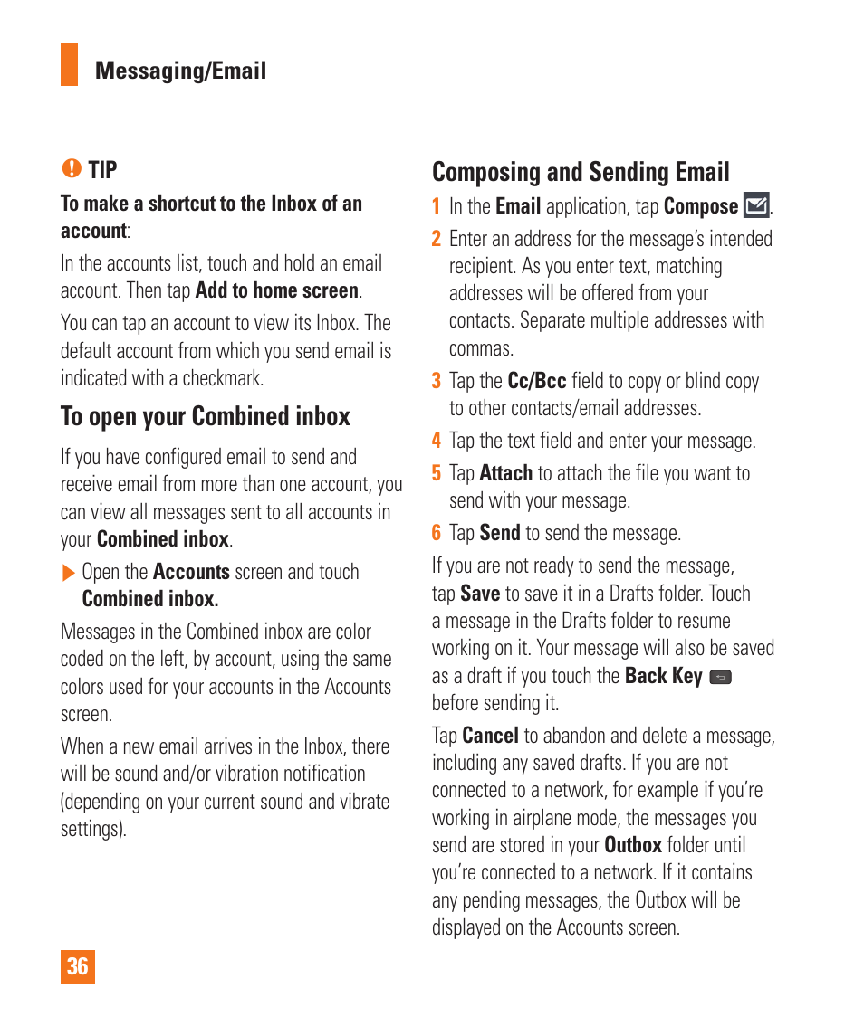 Composing and sending email | LG LGE970 User Manual | Page 36 / 117