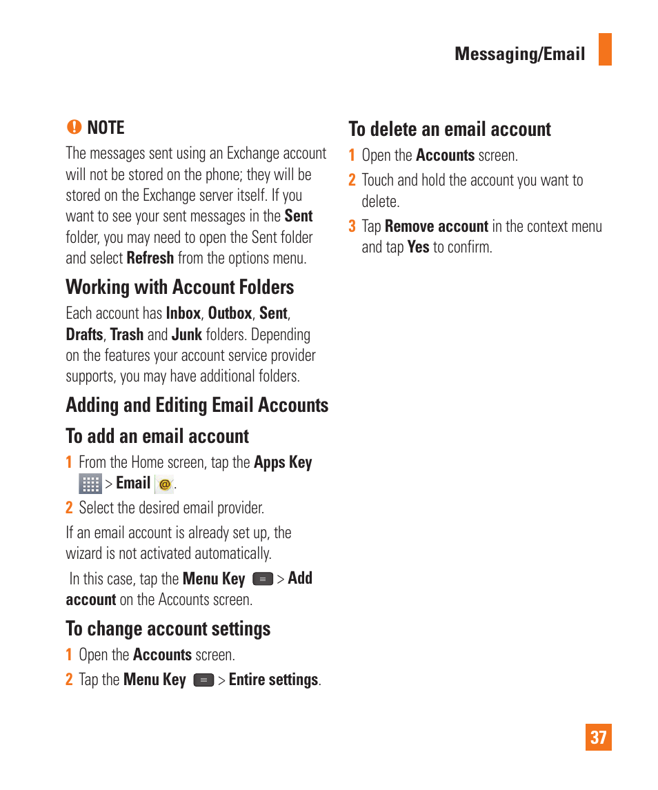 Working with account folders | LG LGE970 User Manual | Page 37 / 117