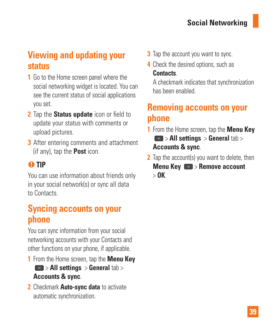 Viewing and updating your status, Syncing accounts on your phone, Removing accounts on your phone | LG LGE970 User Manual | Page 39 / 117