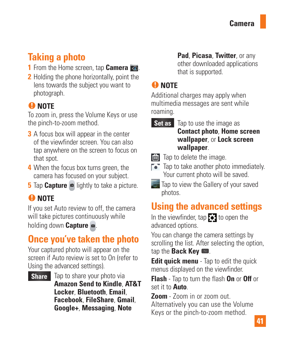 Taking a photo, Once you’ve taken the photo, Using the advanced settings | LG LGE970 User Manual | Page 41 / 117