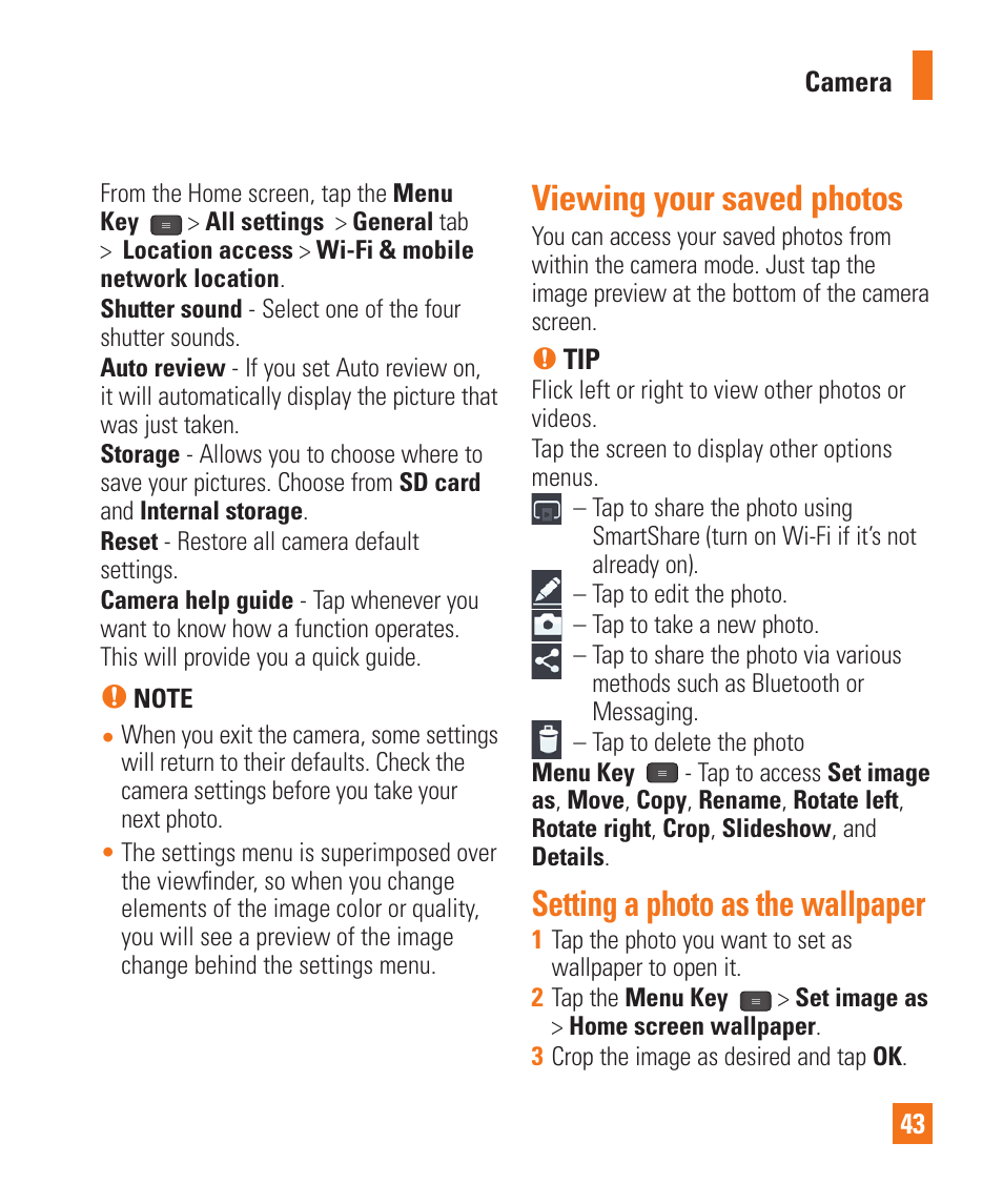 Viewing your saved photos, Setting a photo as wallpaper, Setting a photo as the wallpaper | LG LGE970 User Manual | Page 43 / 117
