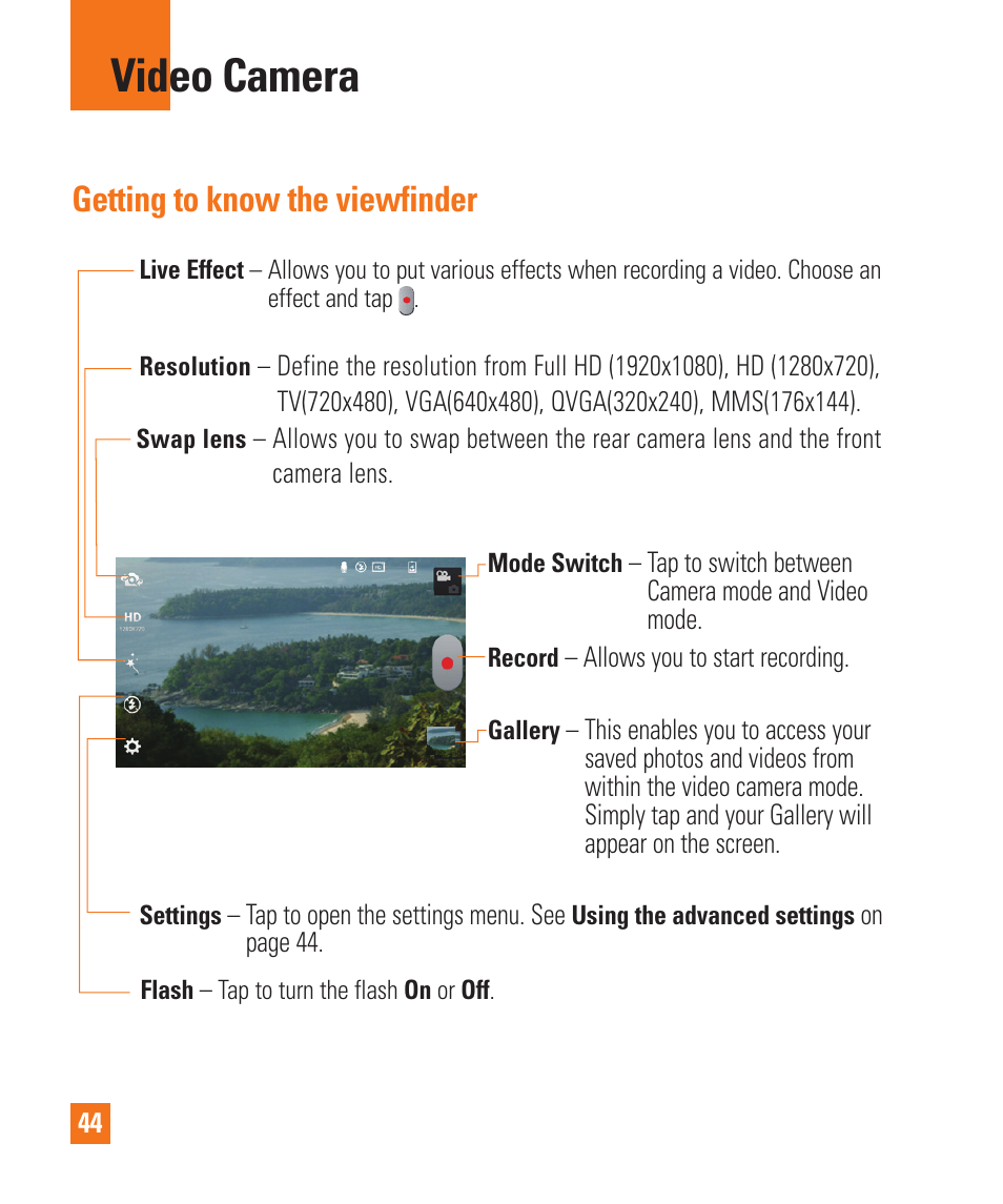 Video camera, Getting to know the viewfinder, Video camera getting to know the viewﬁnder | LG LGE970 User Manual | Page 44 / 117