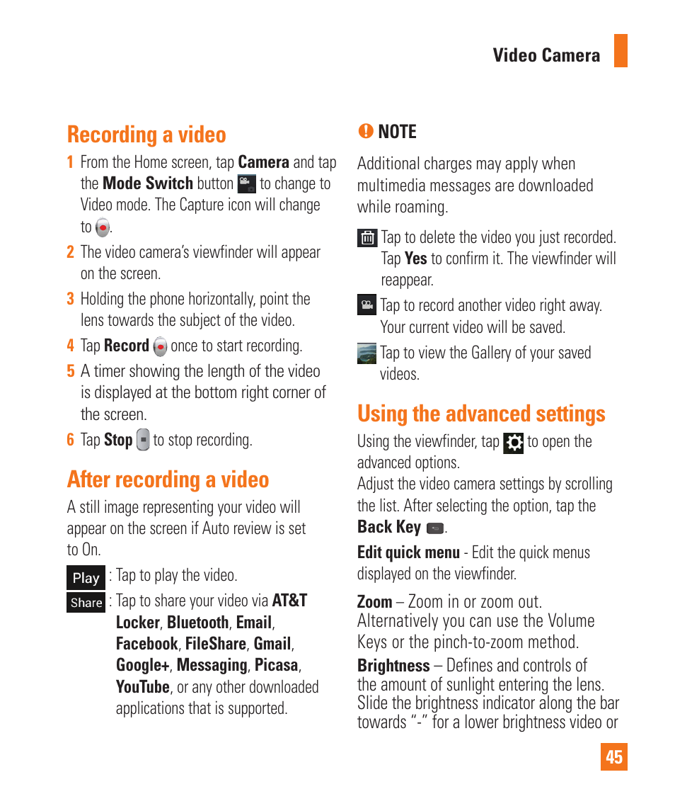 Recording a video, After recording a video, Using the advanced settings | LG LGE970 User Manual | Page 45 / 117