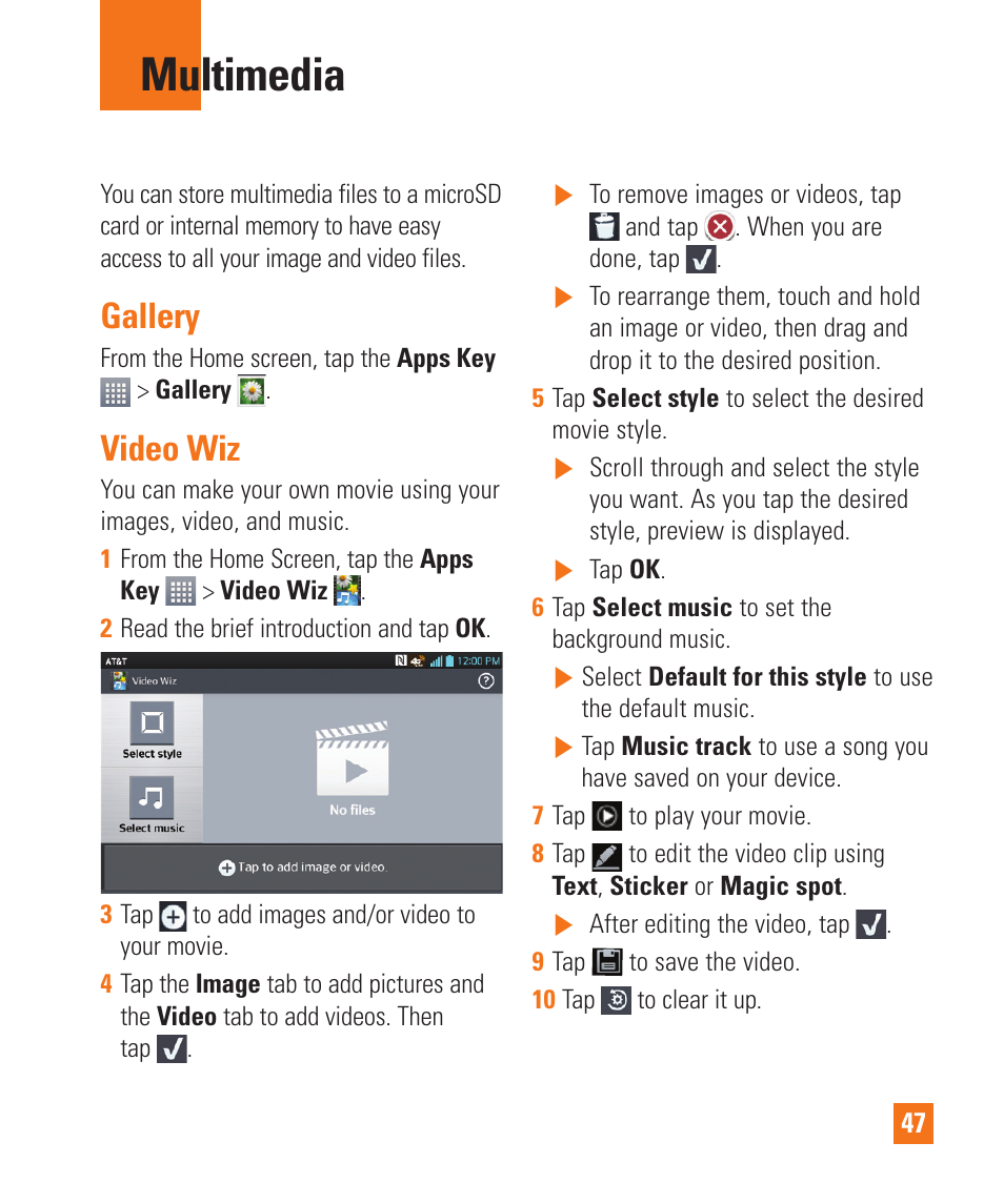 Multimedia, Gallery, Video wiz | Multimedia gallery video wiz | LG LGE970 User Manual | Page 47 / 117