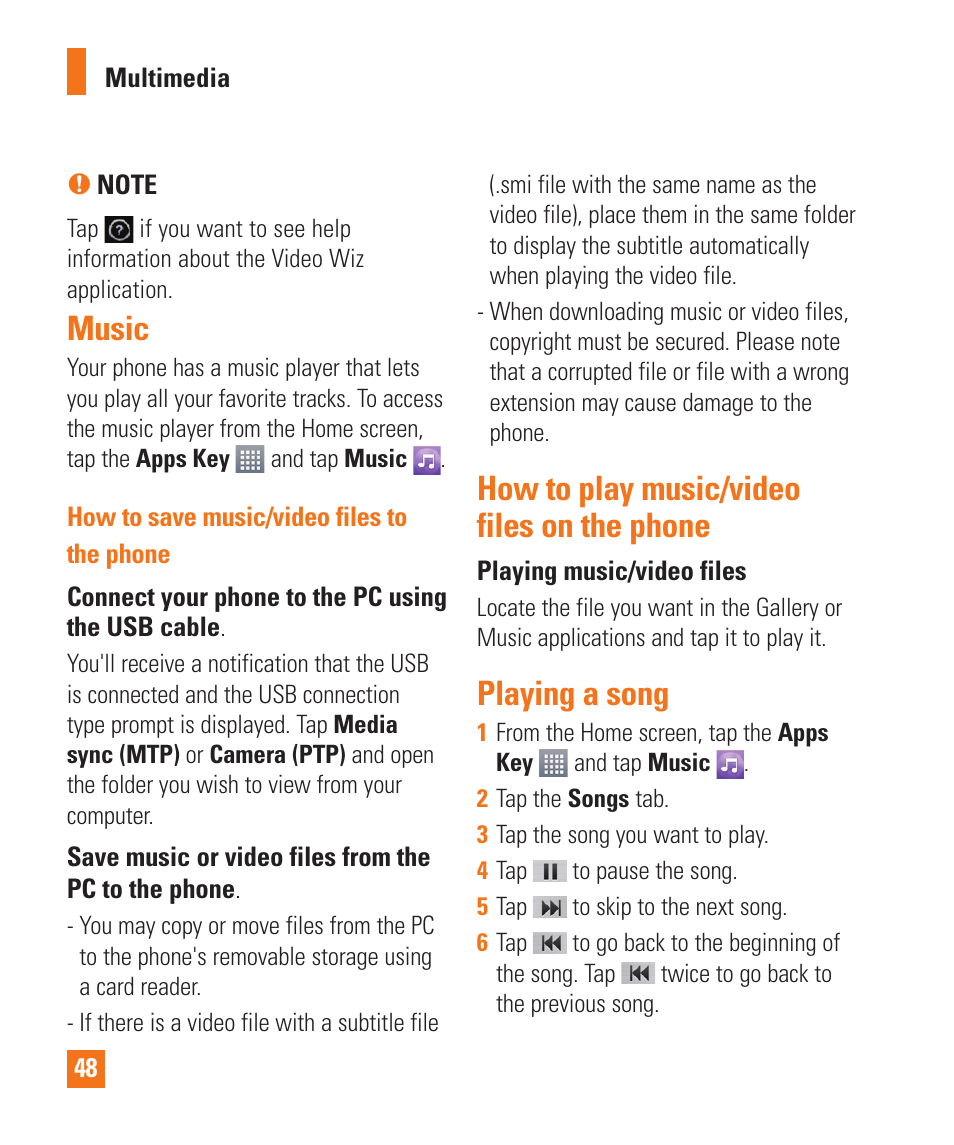 How to save music/video files to the phone, How to play music/video files on the phone, Playing a song | Music | LG LGE970 User Manual | Page 48 / 117