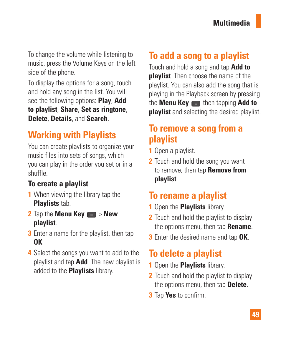 Working with playlists, To add a song to a playlist, To remove a song from a playlist | To rename a playlist, To delete a playlist | LG LGE970 User Manual | Page 49 / 117