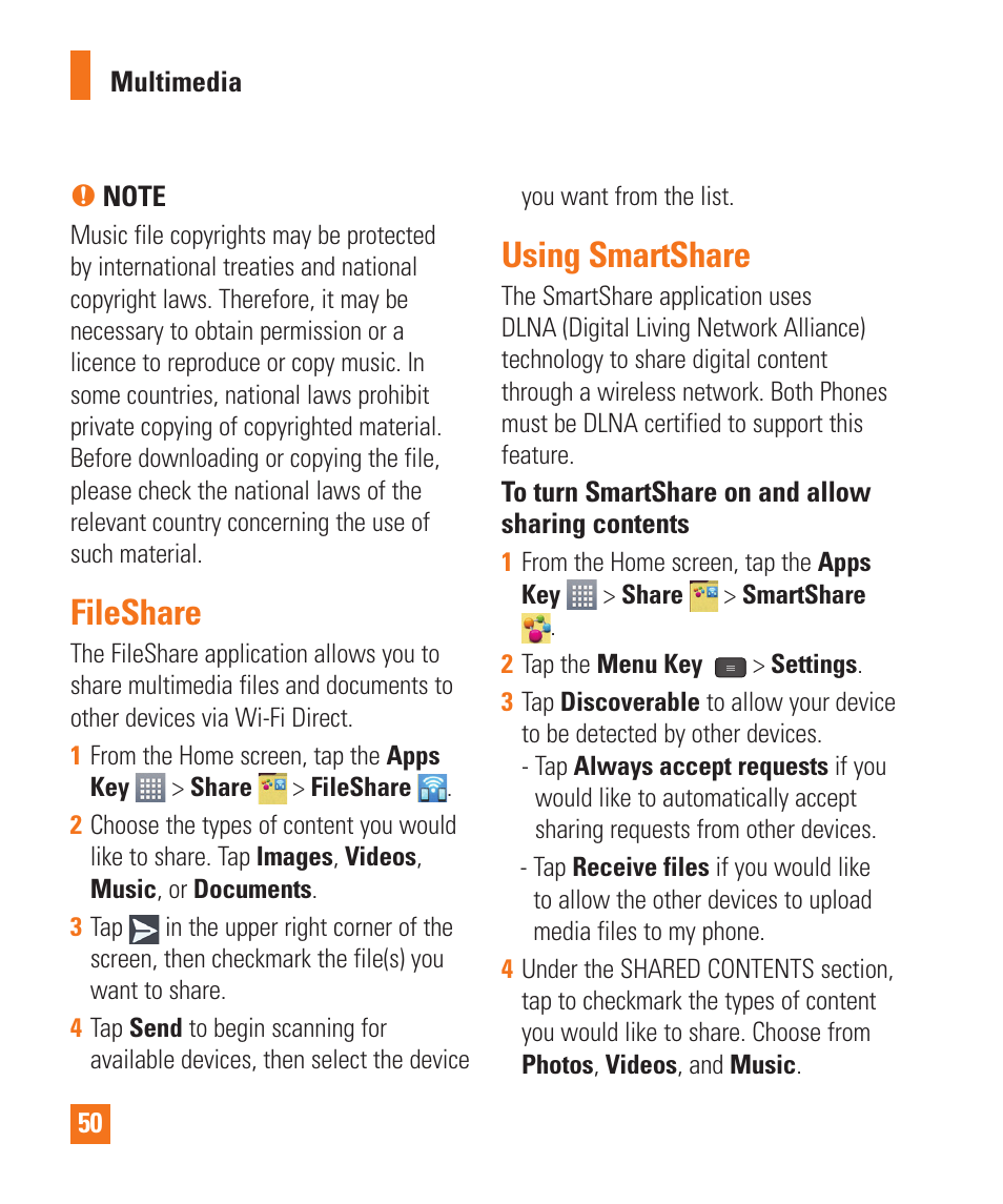 Fileshare, Using smartshare, Fileshare using smartshare | LG LGE970 User Manual | Page 50 / 117