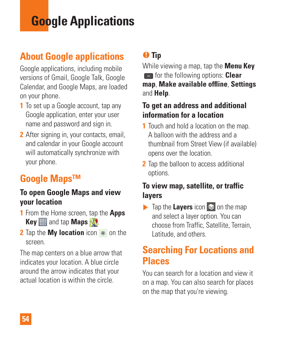 Google applications, About google applications, Google maps | Searching for locations andplaces, Searching for locations and places | LG LGE970 User Manual | Page 54 / 117