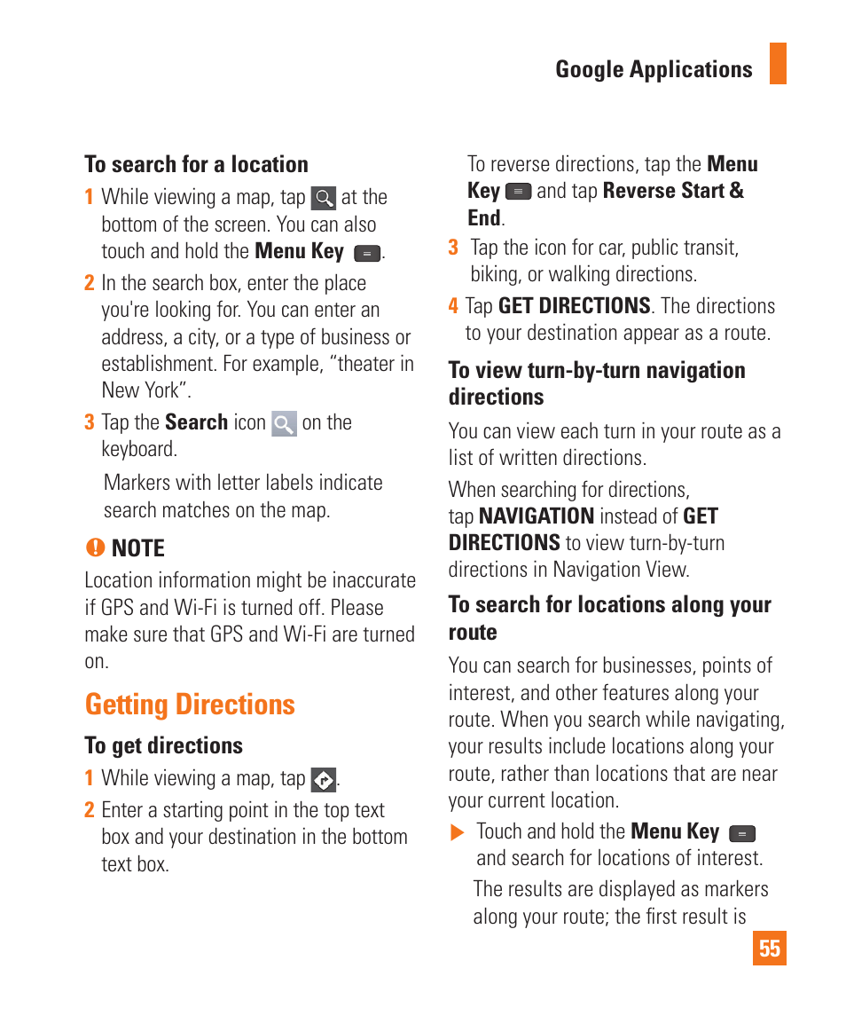 Getting directions | LG LGE970 User Manual | Page 55 / 117