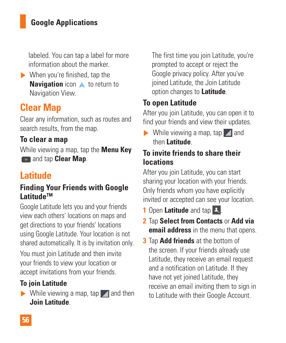 Clear map, Latitude, Clear map latitude | LG LGE970 User Manual | Page 56 / 117