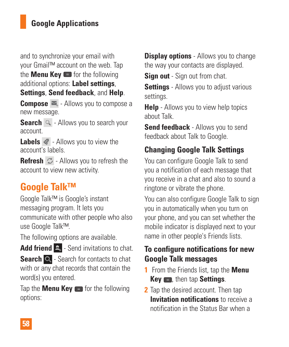 Google talk | LG LGE970 User Manual | Page 58 / 117