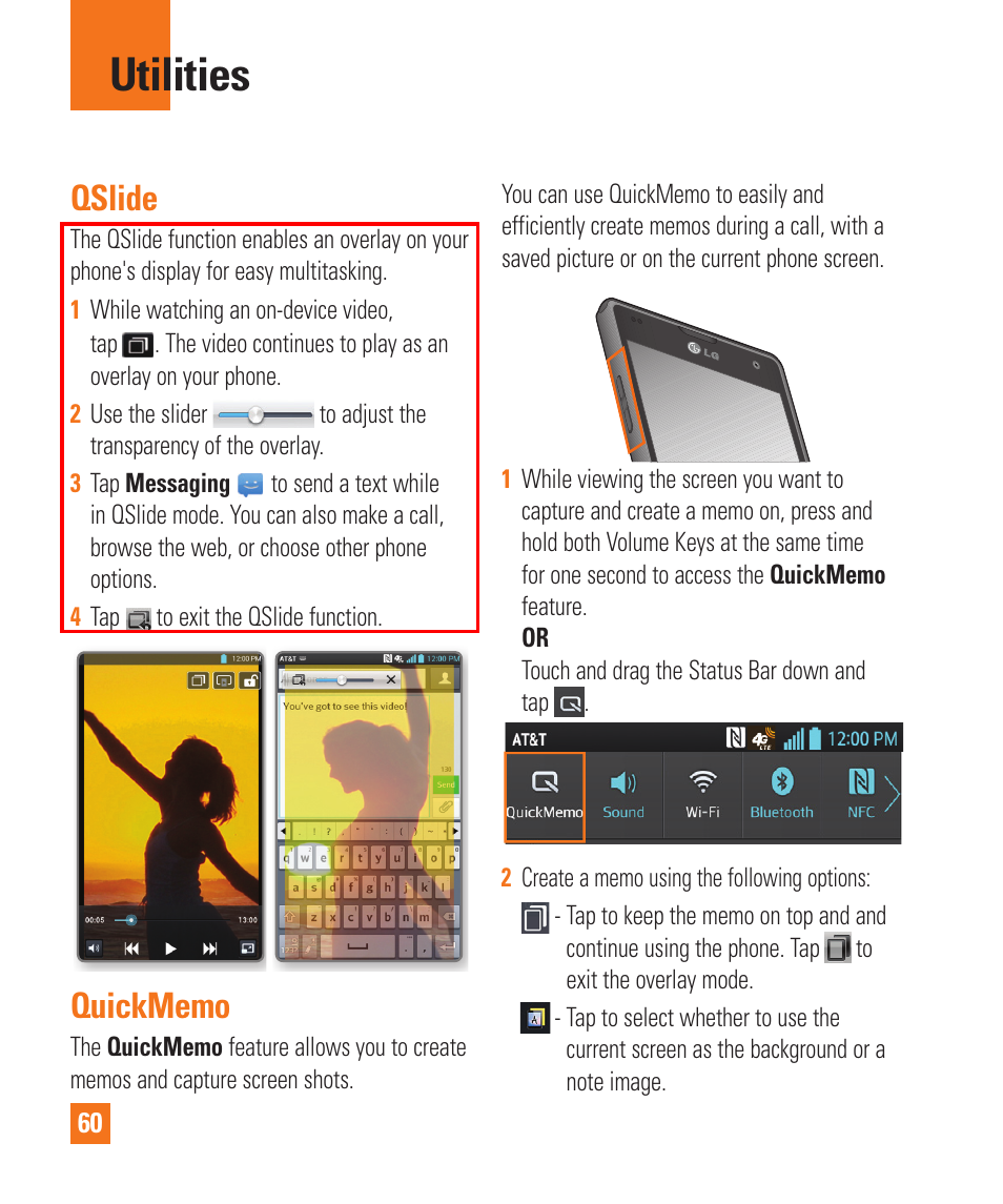 Utilities, Qslide, Quickmemo | Utilities qslide quickmemo | LG LGE970 User Manual | Page 60 / 117