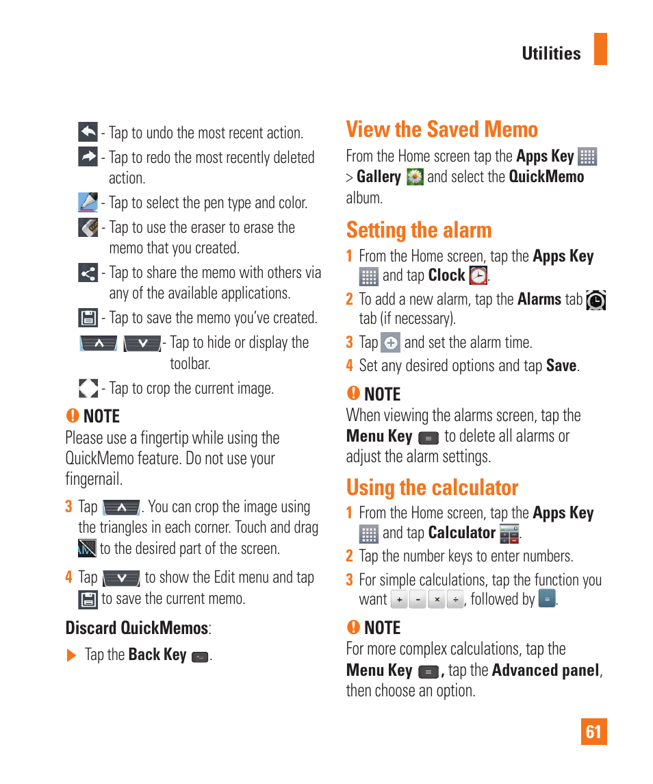 View the saved memo, Setting the alarm, Using the calculator | LG LGE970 User Manual | Page 61 / 117