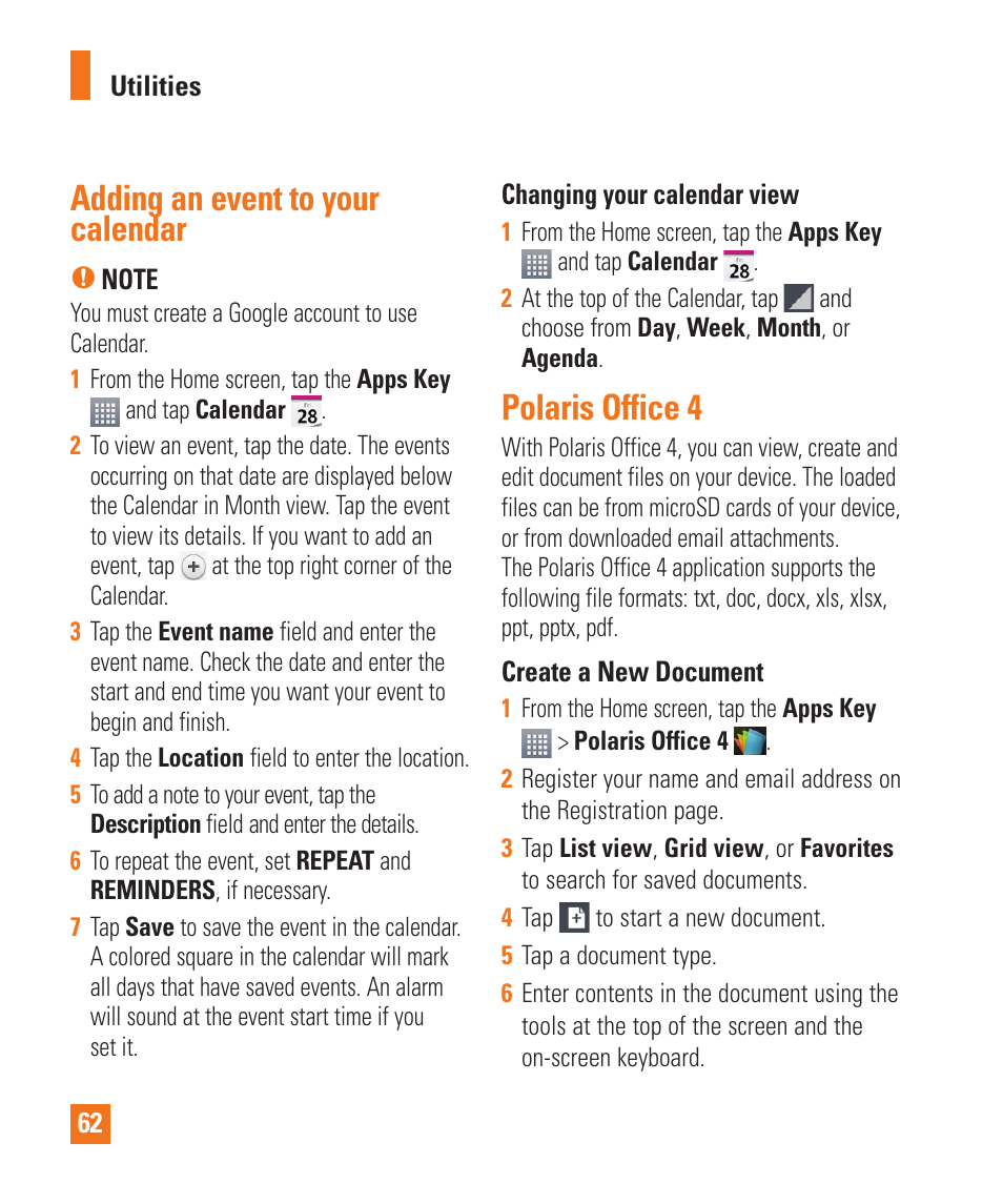 Adding an event to your calendar, Polaris office 4, Adding an event to your calendar polaris ofﬁce 4 | LG LGE970 User Manual | Page 62 / 117