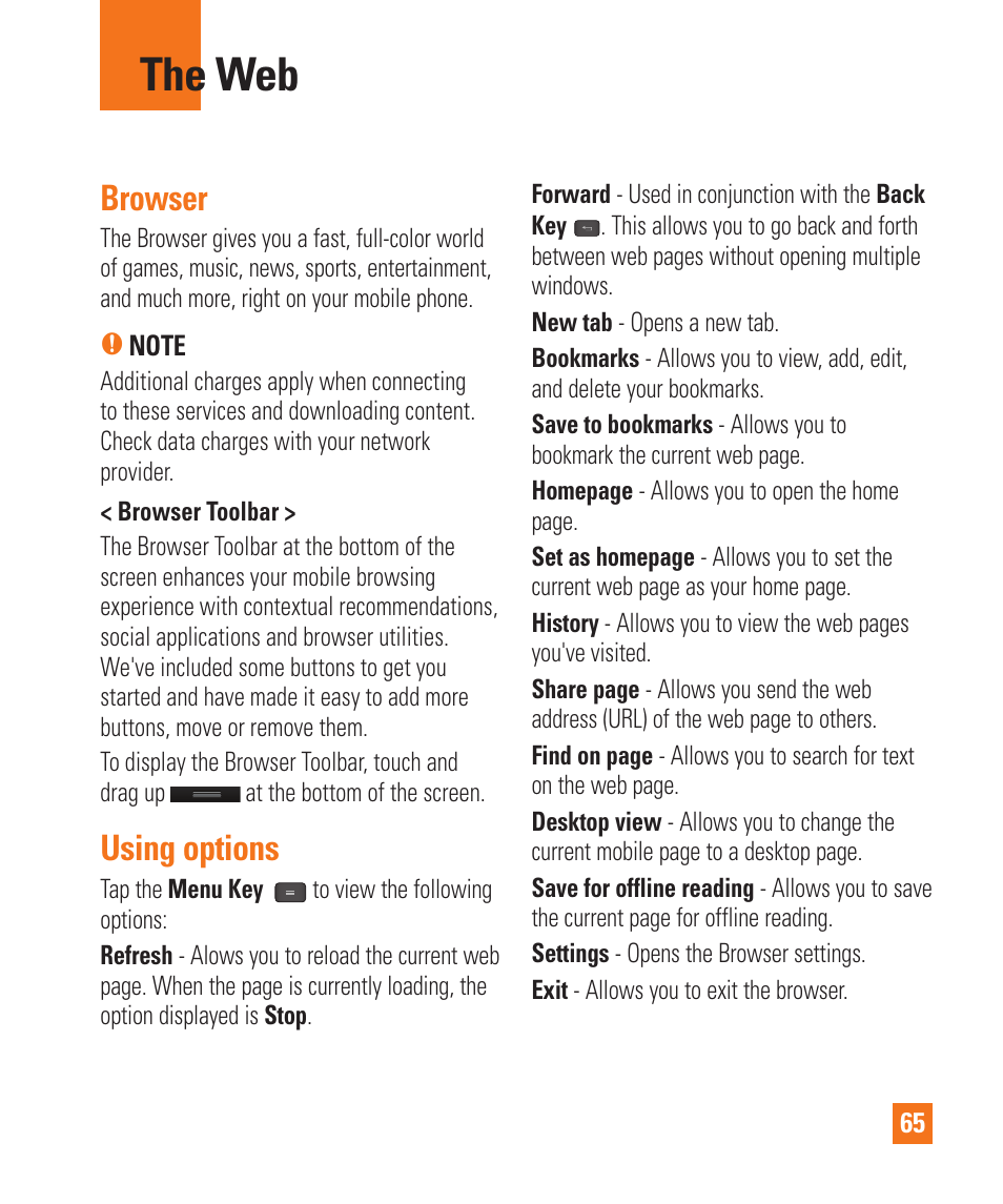 The web, Browser, Using options | The web browser using options | LG LGE970 User Manual | Page 65 / 117