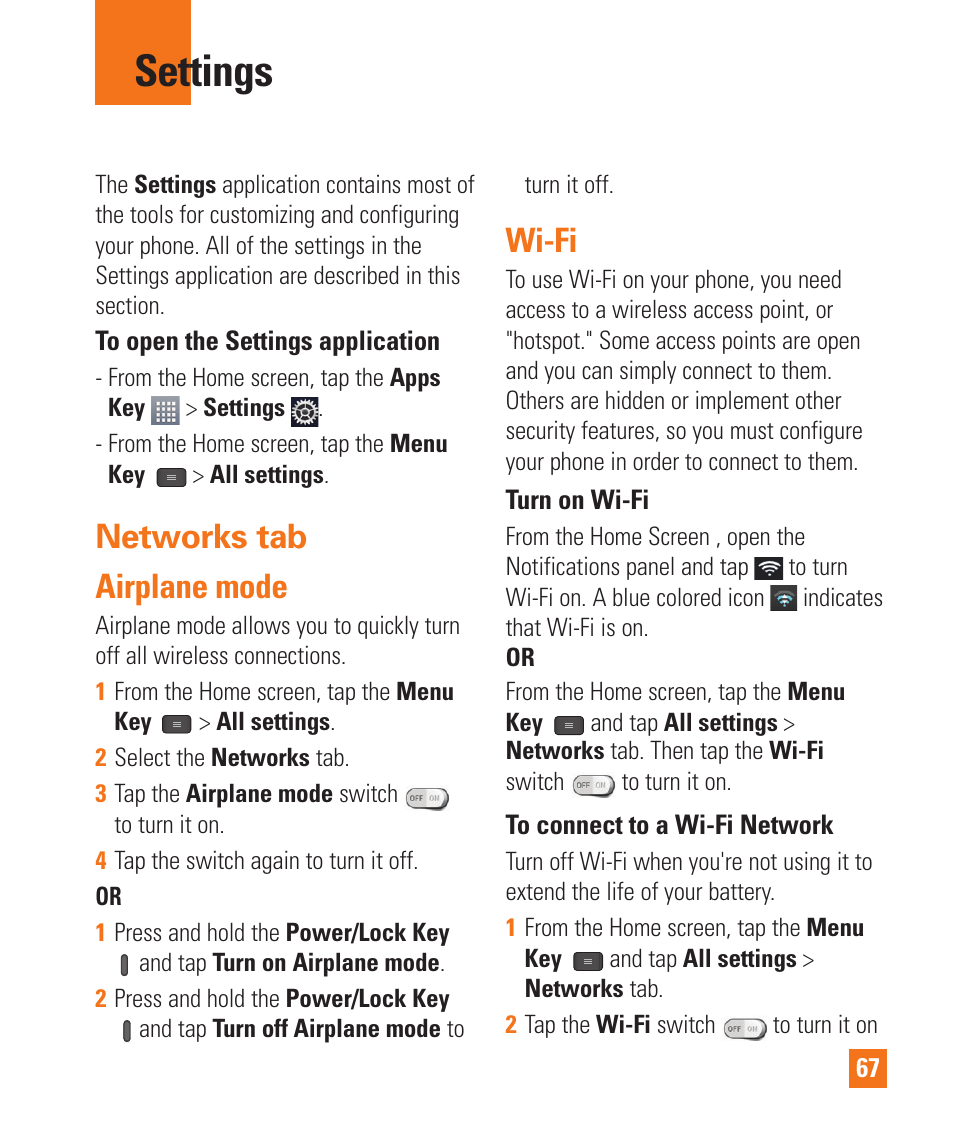 Settings, Networks tab, Airplane mode | Wi-fi, Settings networks tab airplane mode wi-fi, Networks tab airplane mode | LG LGE970 User Manual | Page 67 / 117