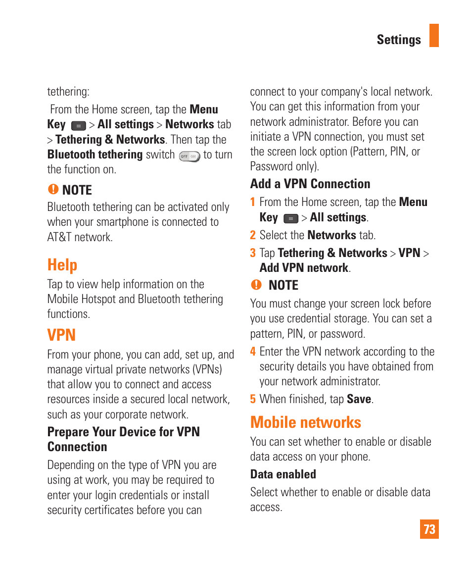 Help, Mobile networks, Help vpn mobile networks | LG LGE970 User Manual | Page 73 / 117