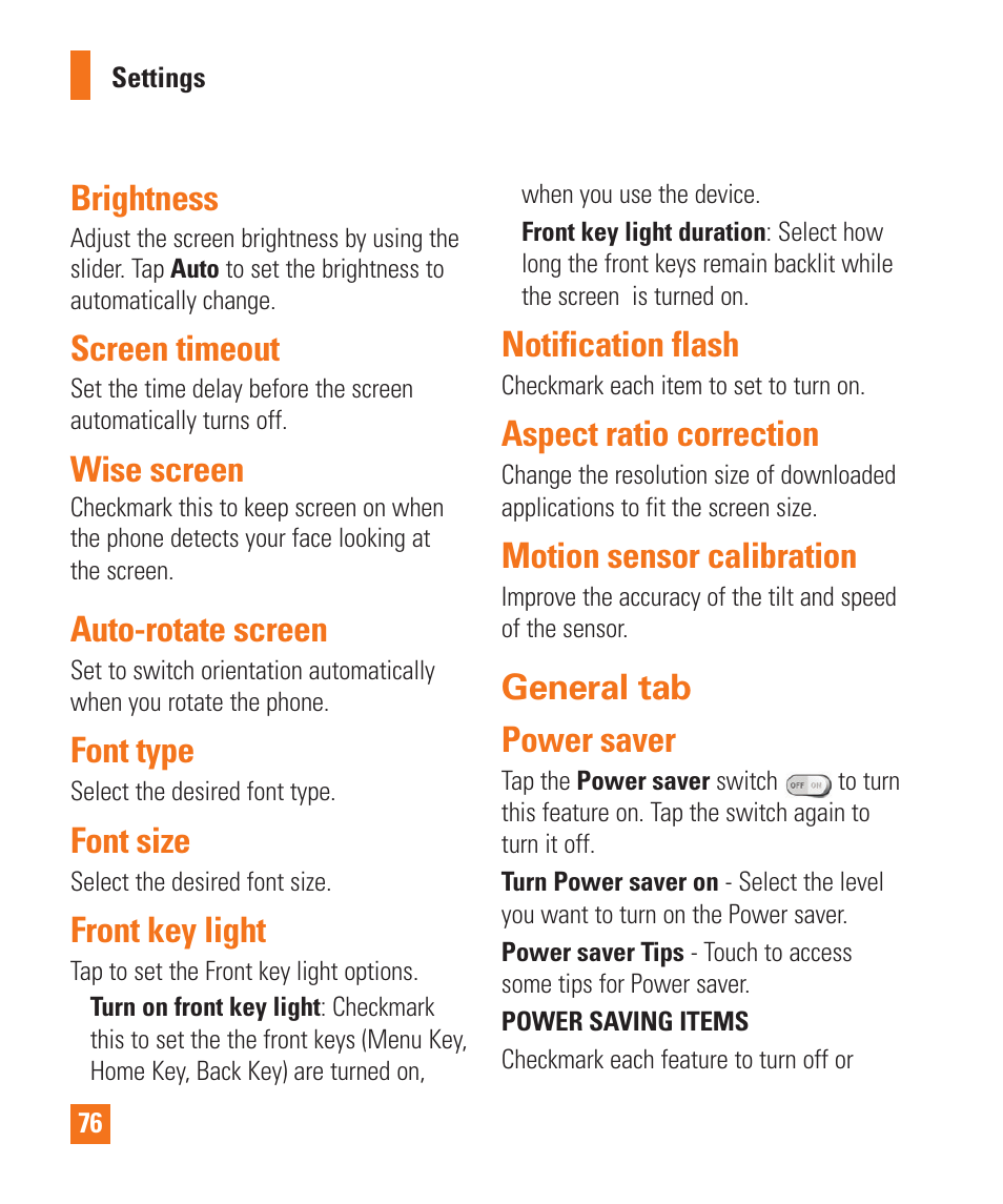 Brightness, Screen timeout, Wise screen | Auto-rotate screen, Font type, Font size, Front touch key light, Notification flash, Aspect ratio correction, Motion sensor calibration | LG LGE970 User Manual | Page 76 / 117