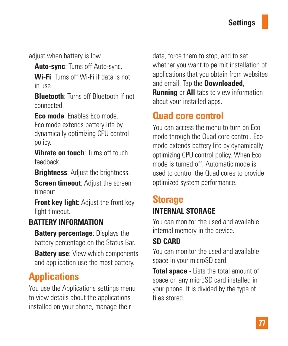 Applications, Quad core control, Storage | Applications quad core control storage | LG LGE970 User Manual | Page 77 / 117