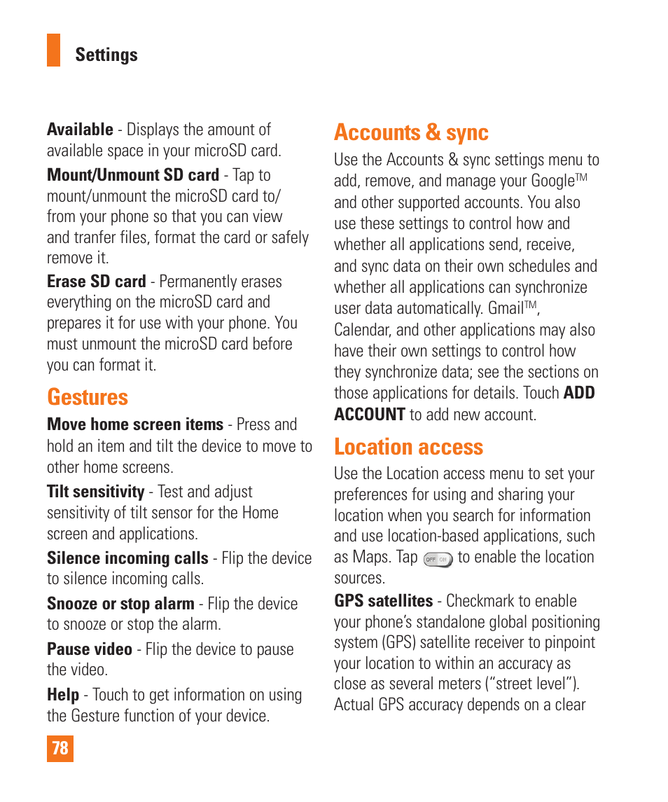 Gestures, Accounts & sync, Location access | Gestures accounts & sync location access | LG LGE970 User Manual | Page 78 / 117