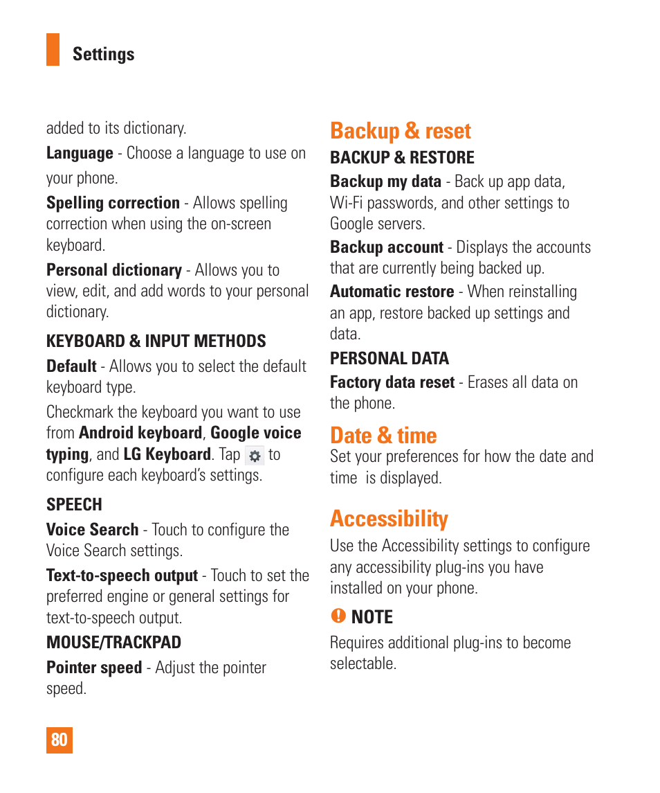 Backup & reset, Date & time, Accessibility | Backup & reset date & time accessibility | LG LGE970 User Manual | Page 80 / 117