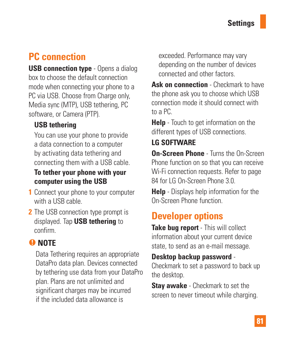 Pc connection, Developer options, Pc connection developer options | LG LGE970 User Manual | Page 81 / 117