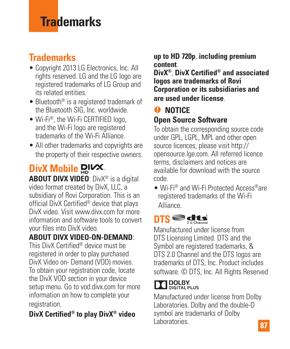 Trademarks, Divx mobile, Trademarks trademarks divx mobile dts | LG LGE970 User Manual | Page 87 / 117