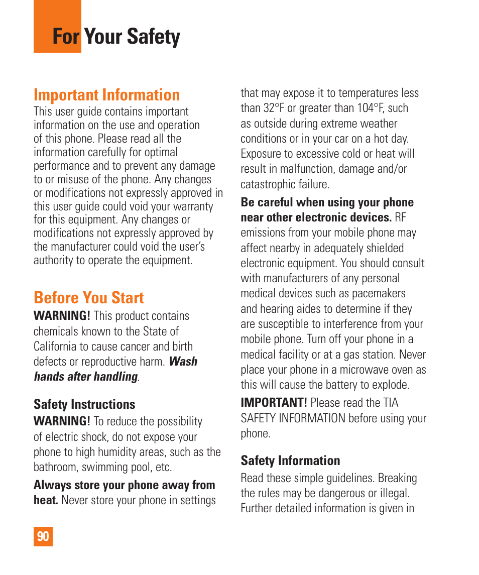 For your safety, Important information, Before you start | LG LGE970 User Manual | Page 90 / 117