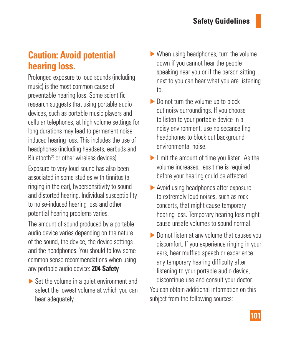 Caution: avoid potential hearing loss | LG P925 User Manual | Page 105 / 119