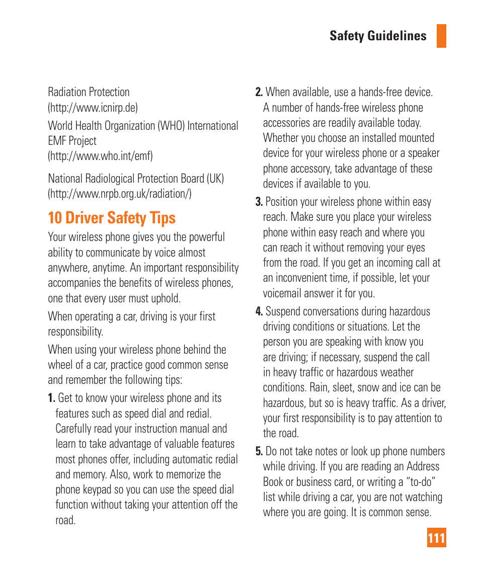 10 driver safety tips | LG P925 User Manual | Page 115 / 119