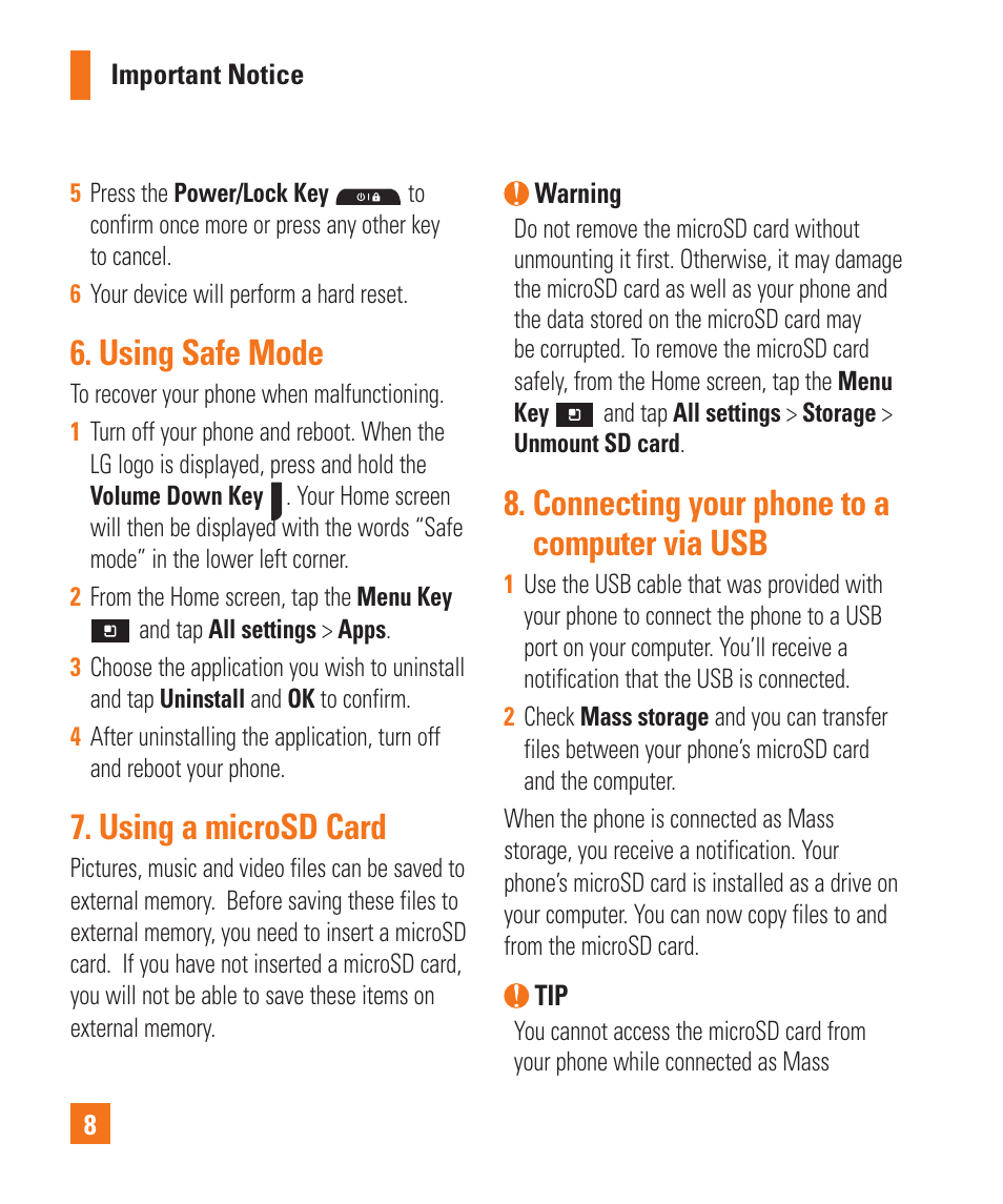 Using safe mode, Using a microsd card, Connecting your phone to a computer via usb | LG P925 User Manual | Page 12 / 119