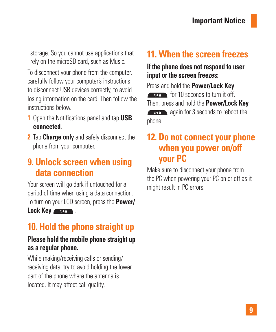 Unlock screen when using data connection, Hold the phone straight up, When the screen freezes | LG P925 User Manual | Page 13 / 119