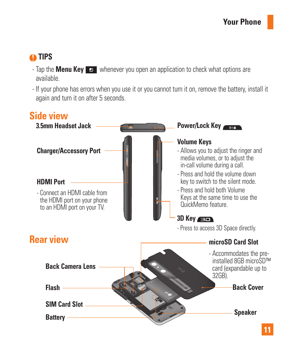 Rear view side view | LG P925 User Manual | Page 15 / 119