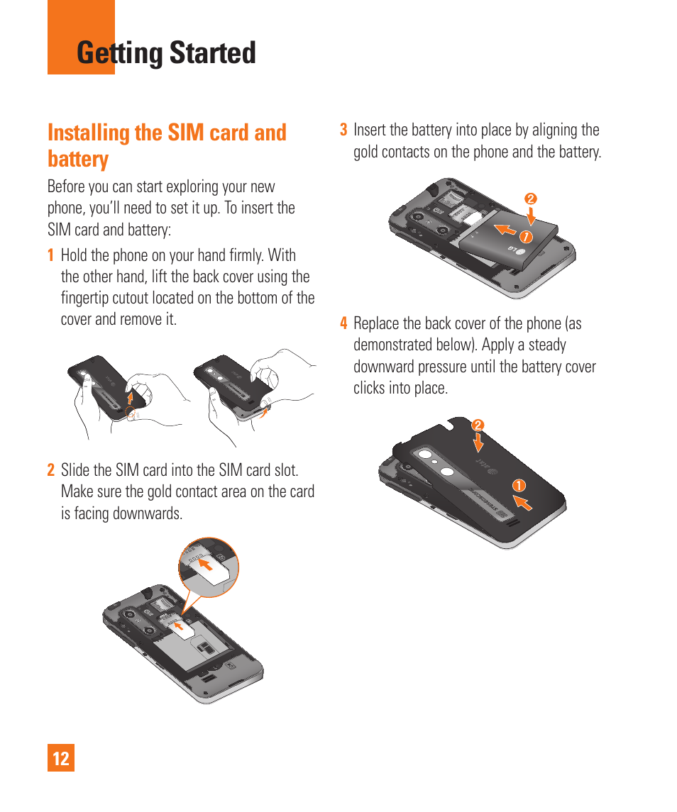 Getting started, Installing the sim card andbattery, Installing the sim card and battery | LG P925 User Manual | Page 16 / 119