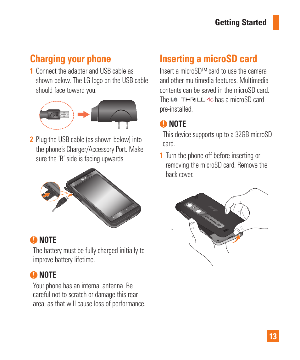 Charging your phone, Inserting a microsd card | LG P925 User Manual | Page 17 / 119