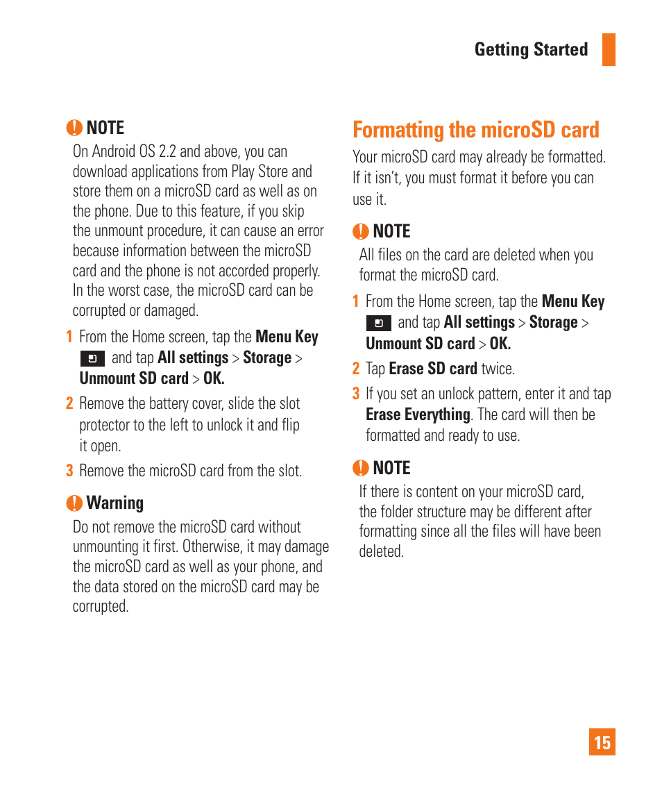 Formatting the microsd card | LG P925 User Manual | Page 19 / 119