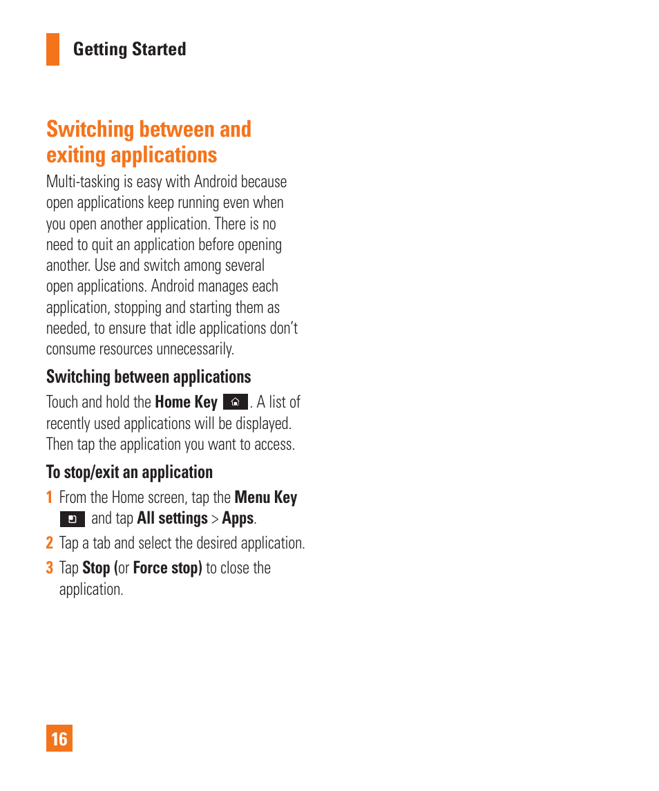 Switching between andexiting applications, Switching between and exiting applications | LG P925 User Manual | Page 20 / 119