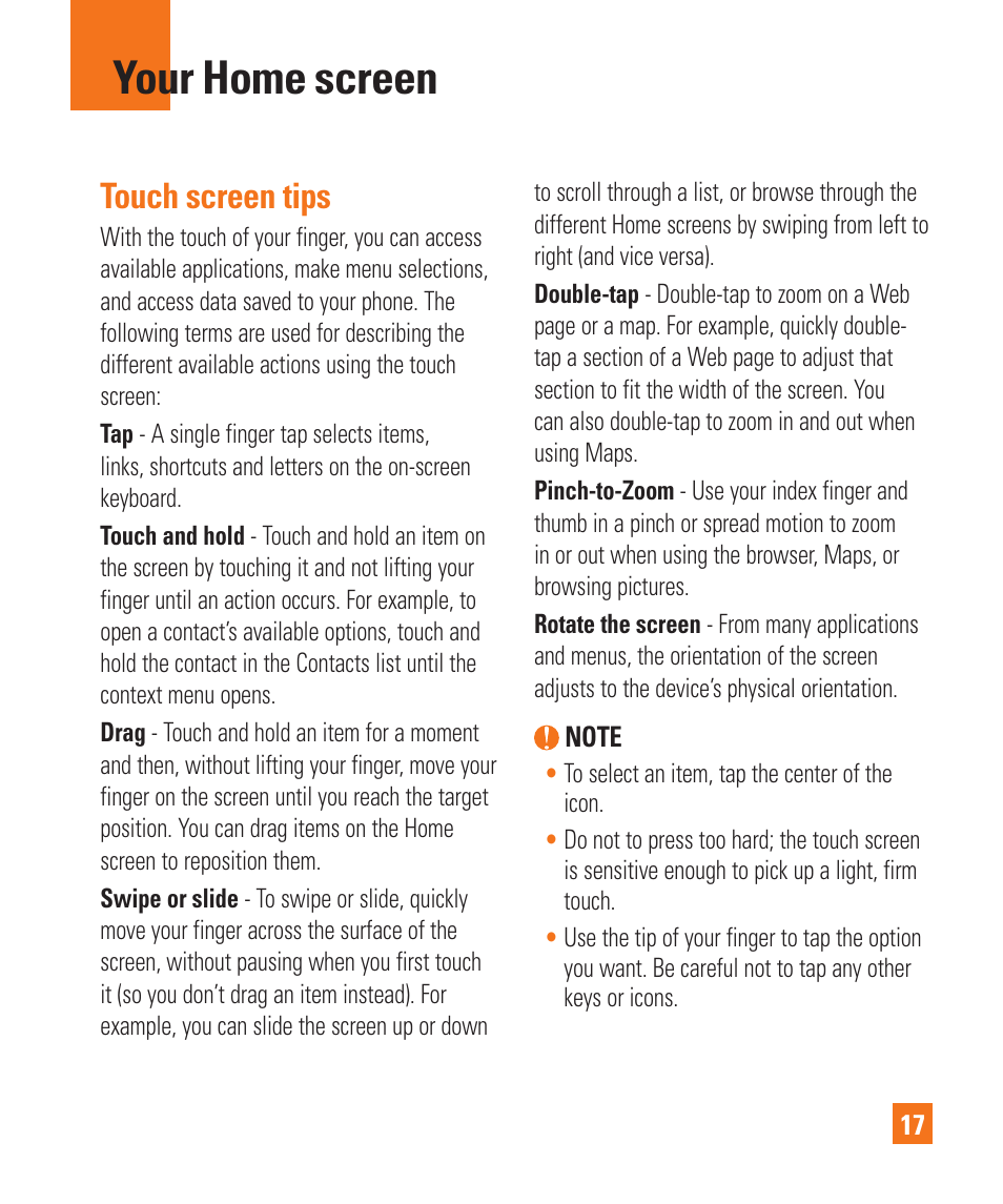 Your home screen, Touch screen tips | LG P925 User Manual | Page 21 / 119