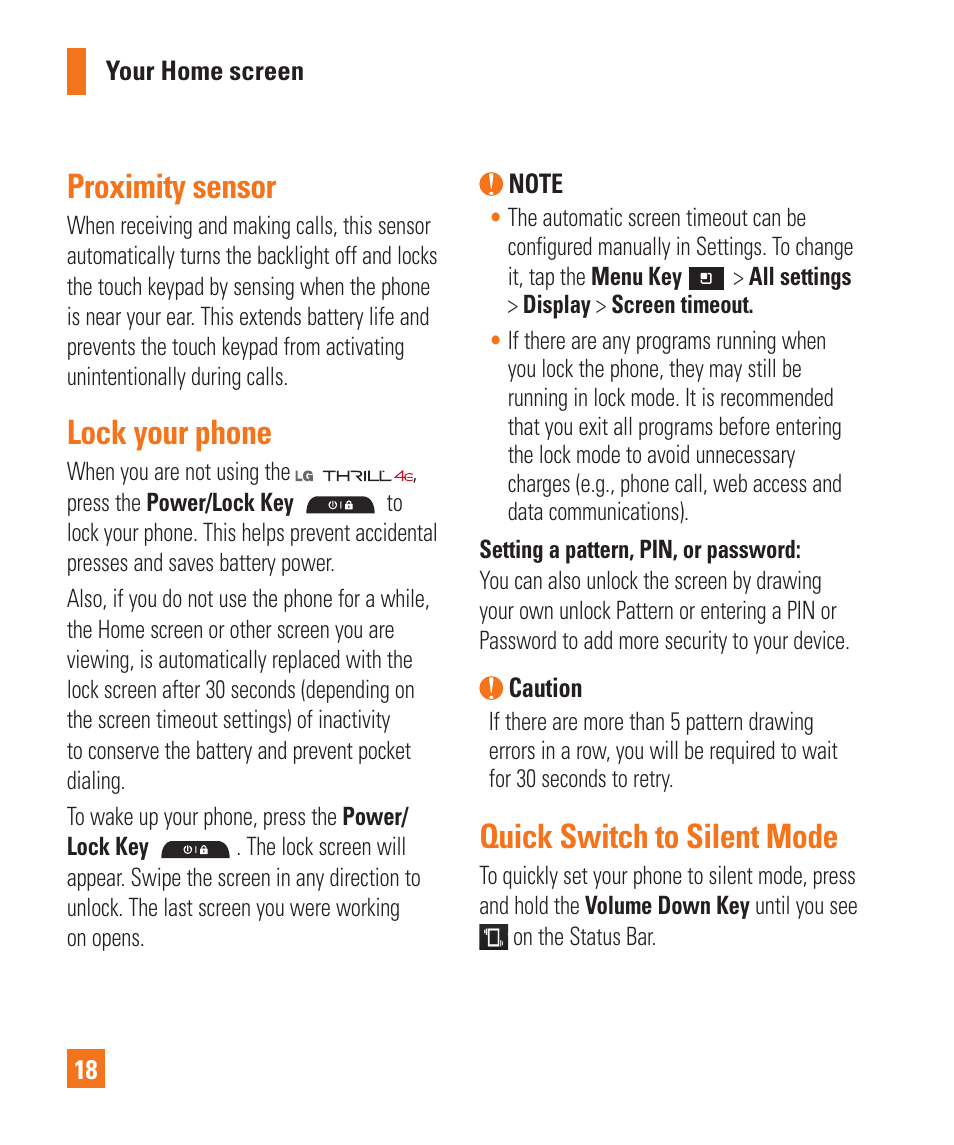 Proximity sensor, Lock your phone, Quick switch to silent mode | LG P925 User Manual | Page 22 / 119