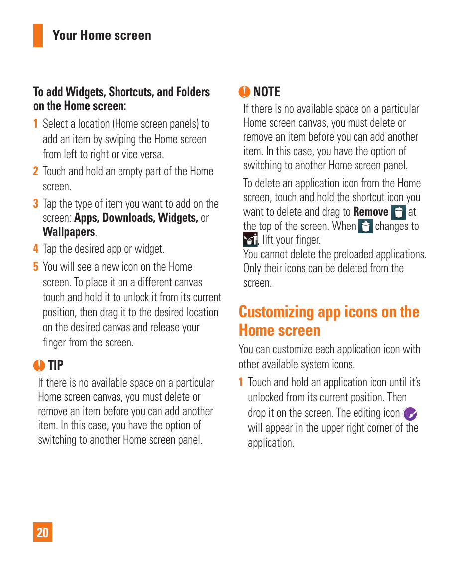 Customizing app icons on thehome screen, Customizing app icons on the home screen | LG P925 User Manual | Page 24 / 119