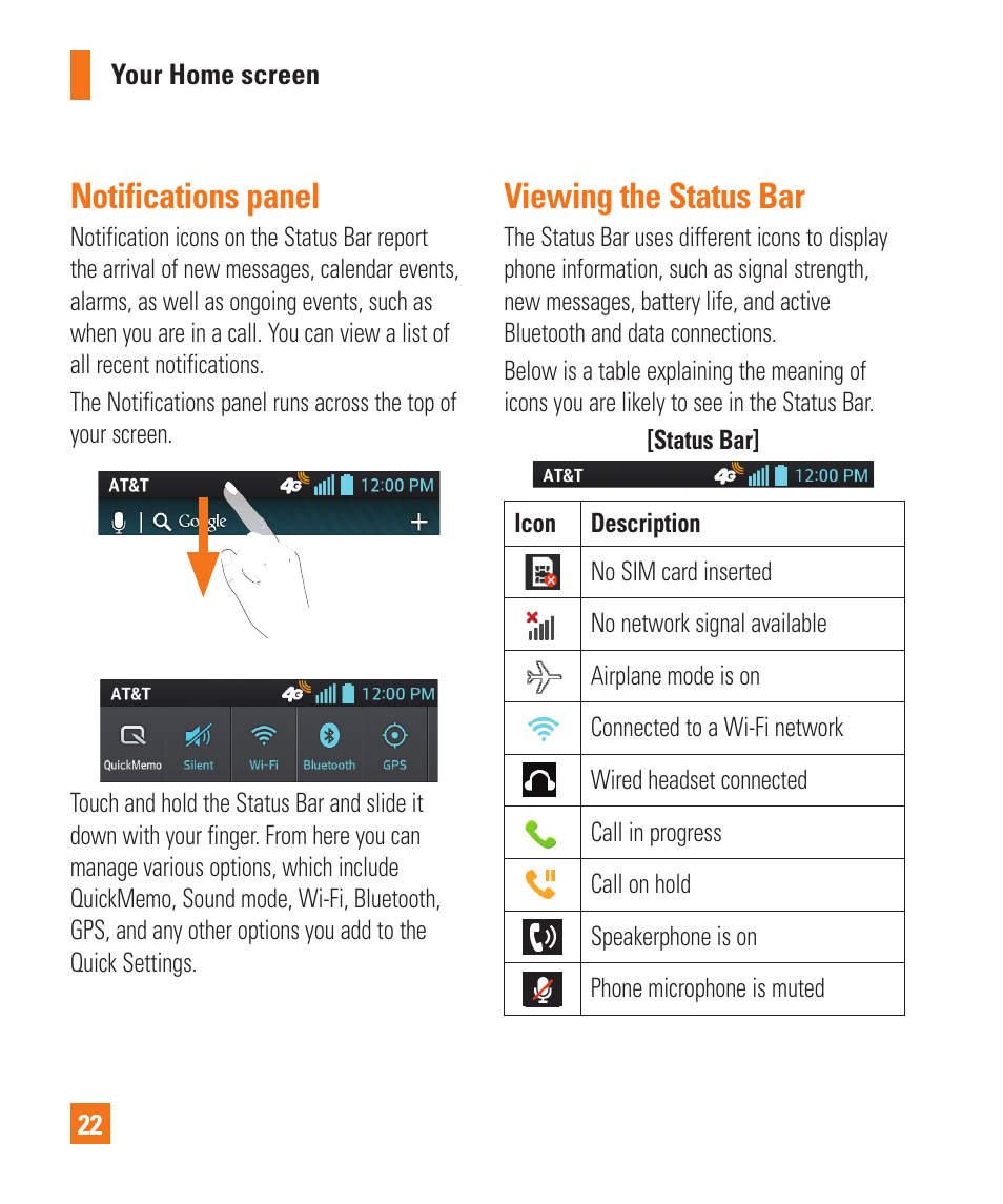 Notifications panel, Viewing the status bar | LG P925 User Manual | Page 26 / 119